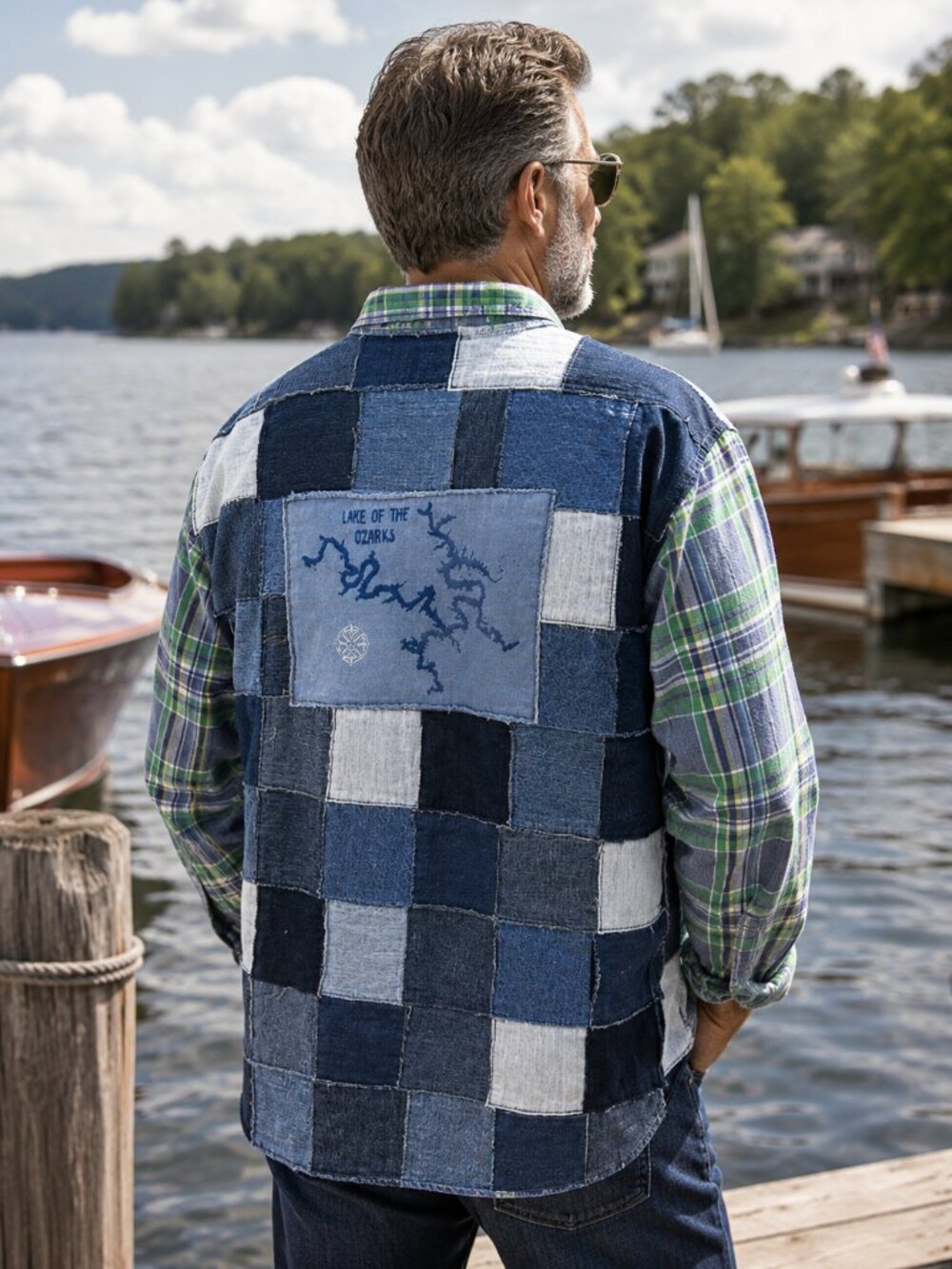 Upcycled Patchwork Jean Jacket Lake of the Ozarks Denim Patch Shirt Men's XL